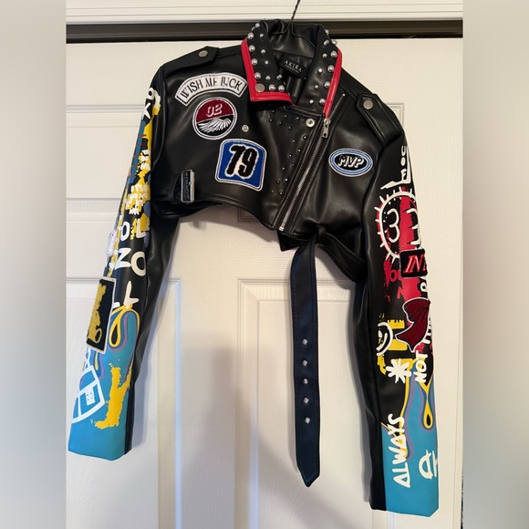 AKIRA Jackets & Blazers - AKIRA Black Leather Jacket with Colorful Patches cropped